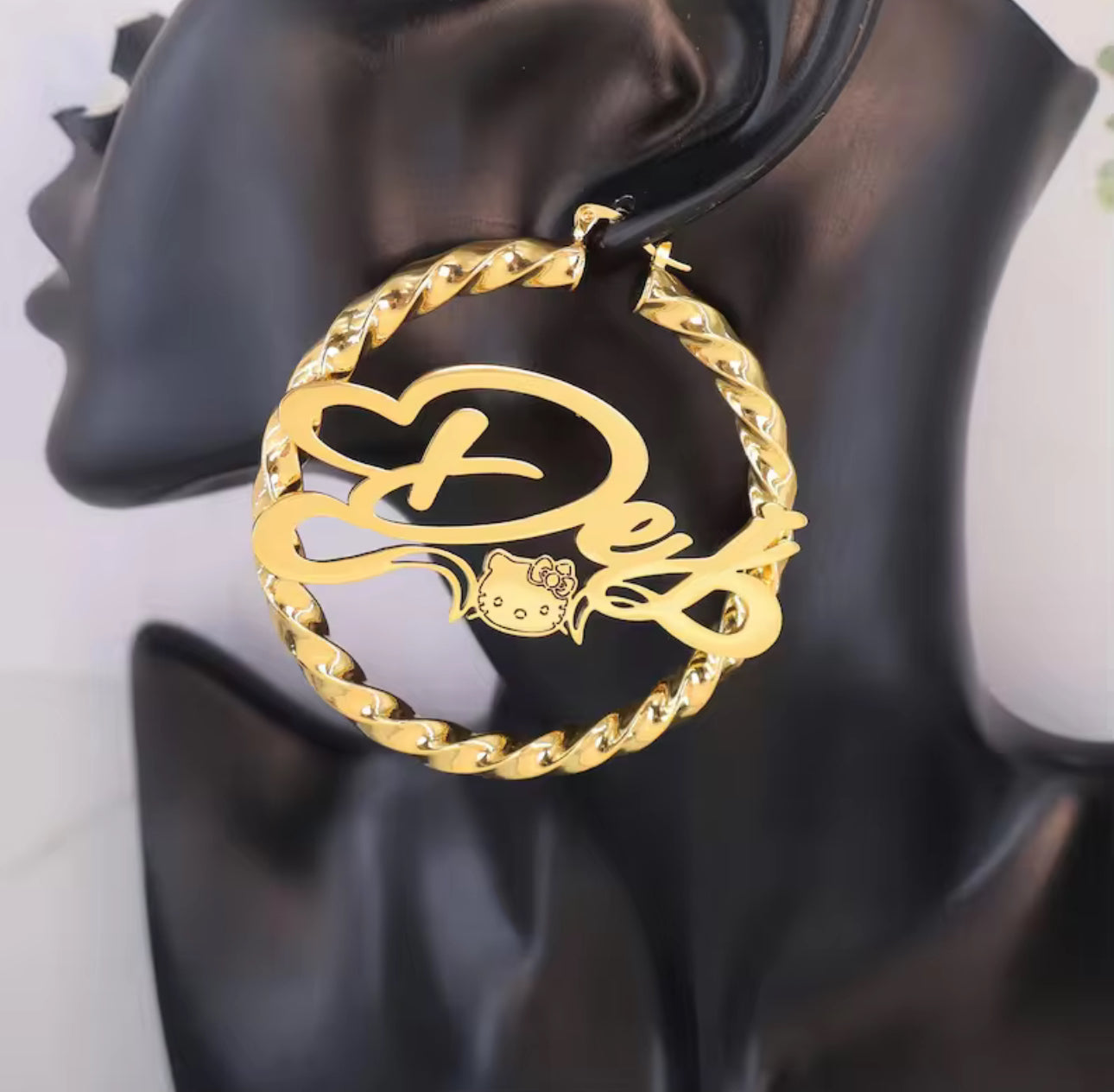 Personalized Hello Kitty Name Earrings — Gold Plated Kawaii Cat Twist Hoops