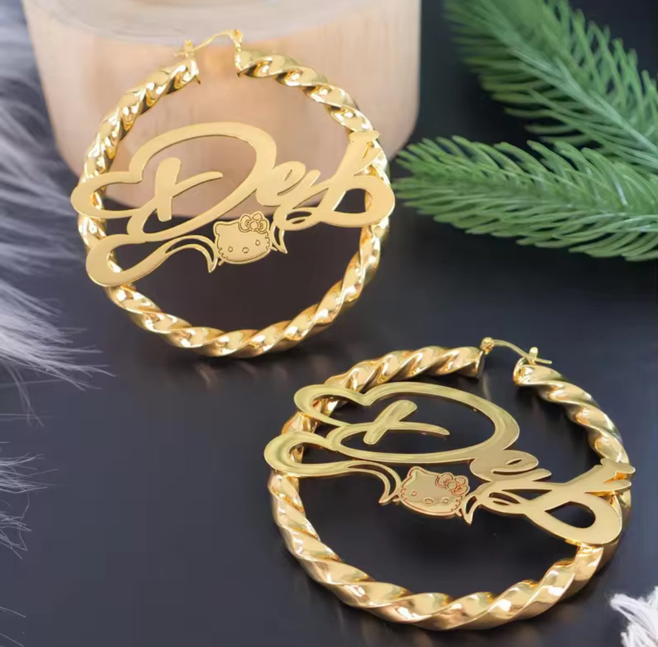 Personalized Hello Kitty Name Earrings — Gold Plated Kawaii Cat Twist Hoops