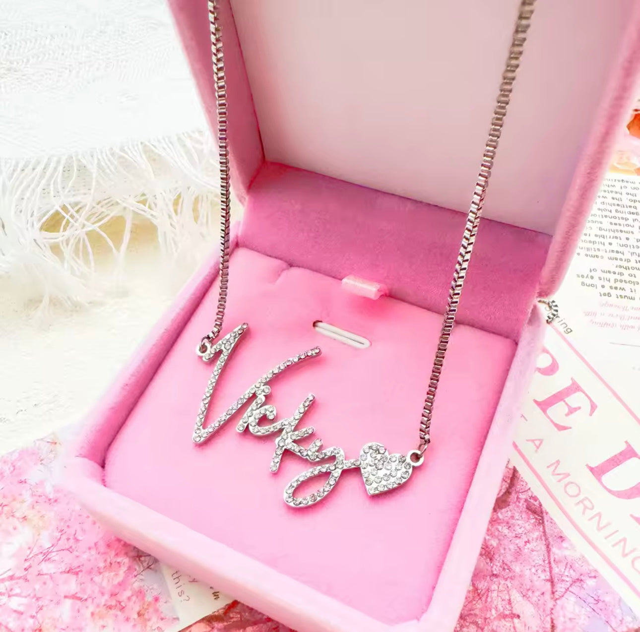 Custom Bling Name Necklace β Dainty Script with Heart