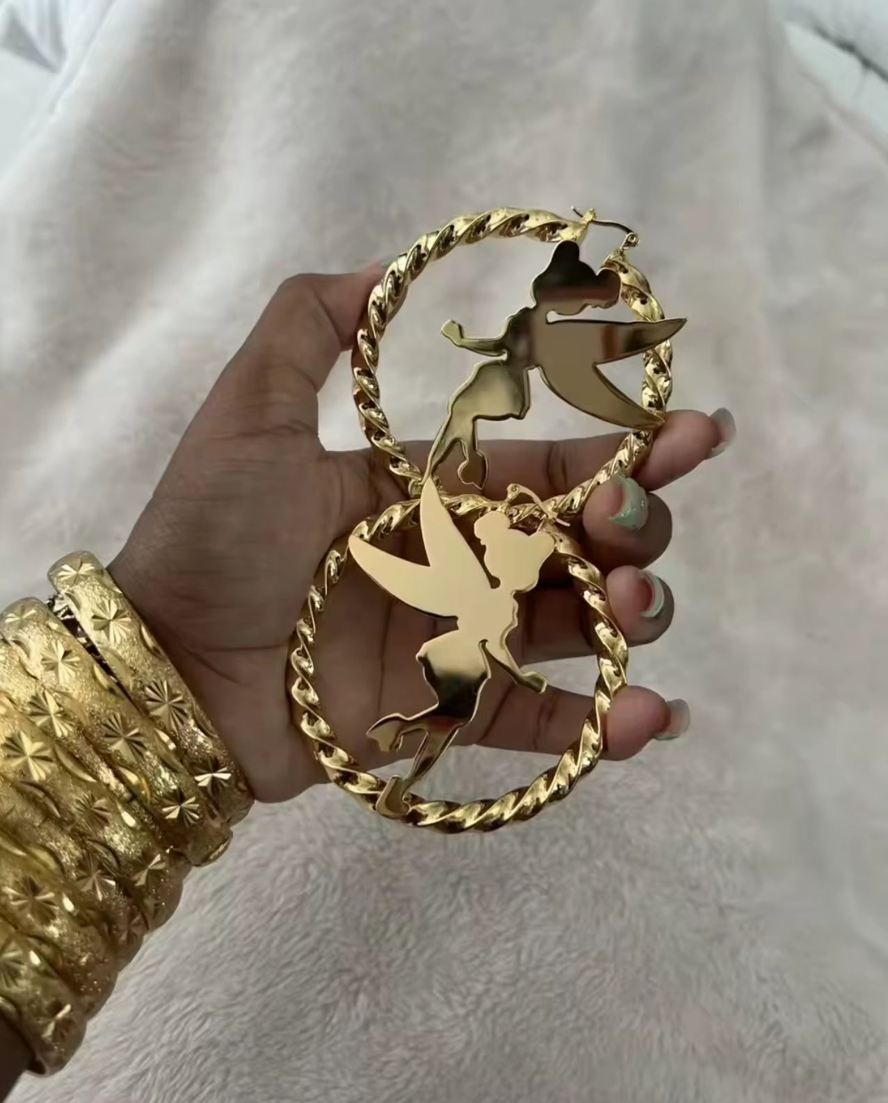 Gold Cartoon Character Twist Hoop Earrings — Kitty & Mouse Design