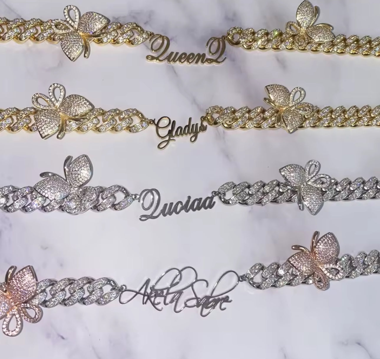 Custom Script Name Necklace: Butterfly Charm, 12mm Cuban Chain