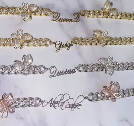 Custom Script Name Necklace: Butterfly Charm, 12mm Cuban Chain