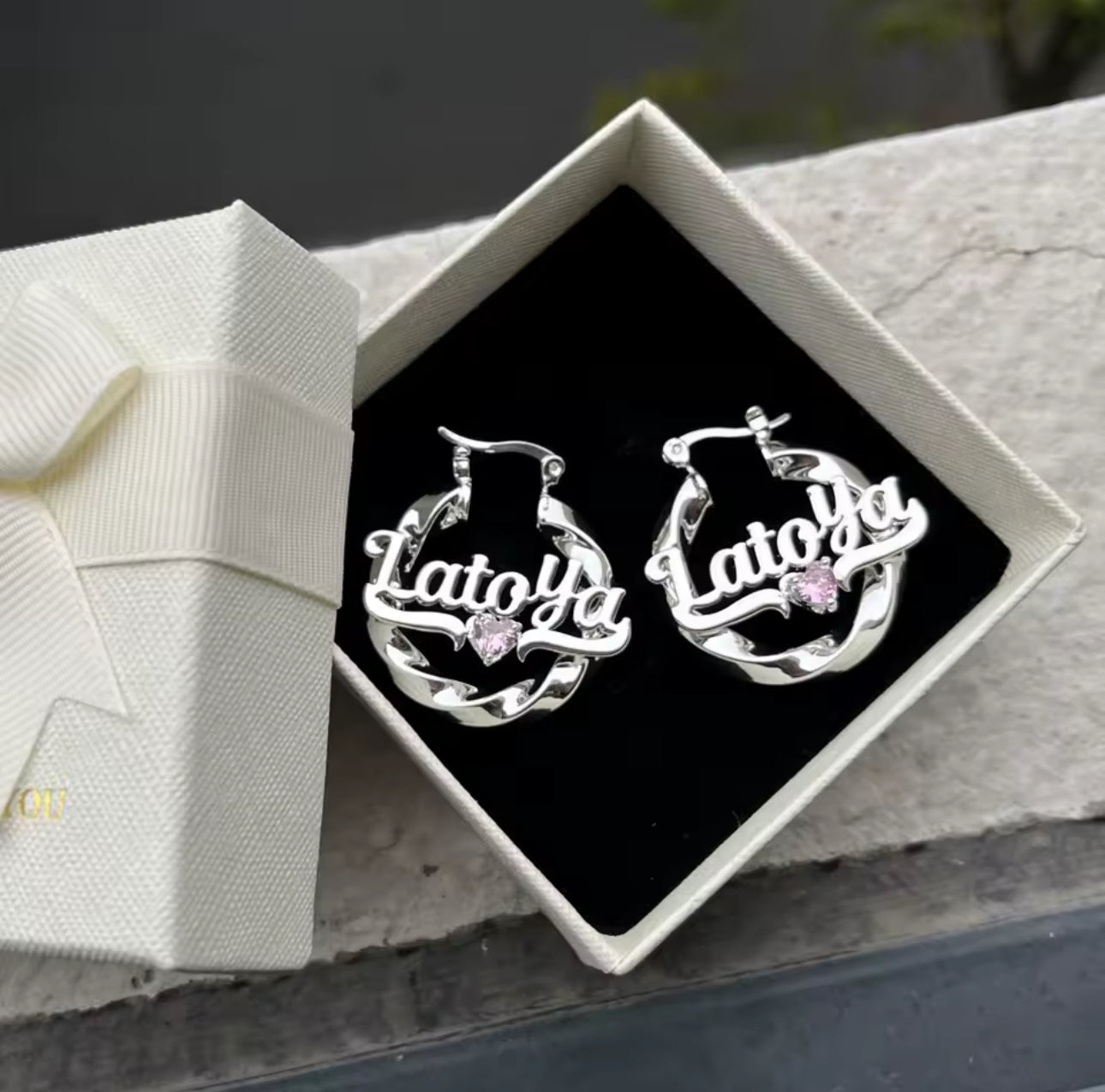 Personalized Name Hoop Earrings: Gold Twist, Birthstone Accent