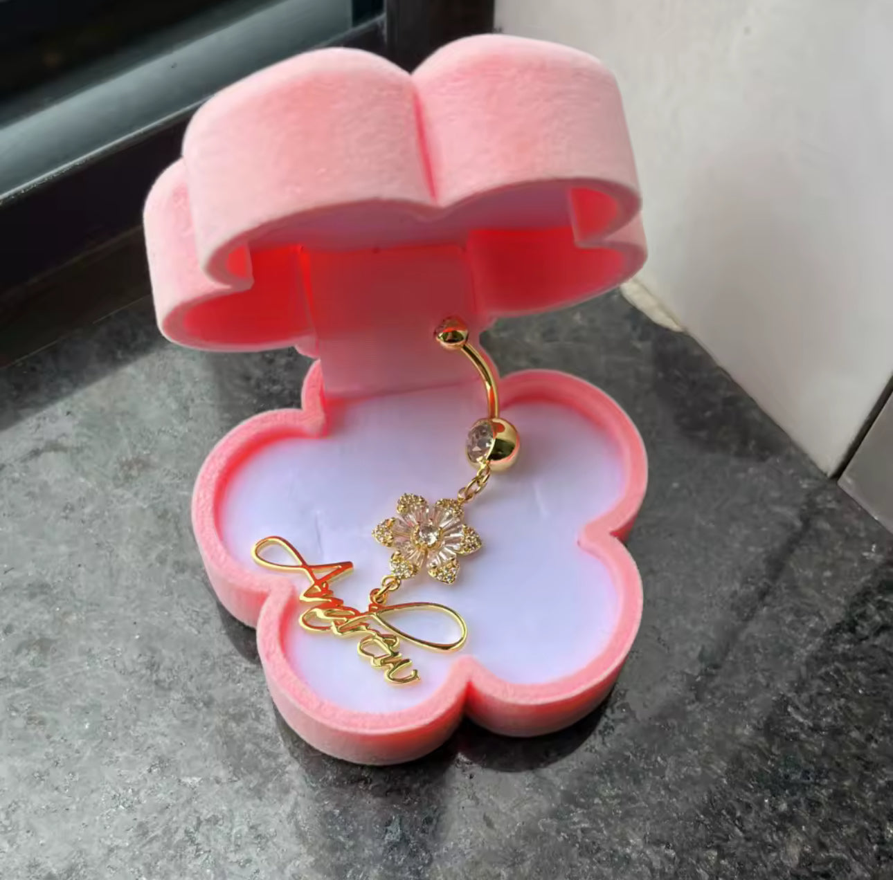 Personalized Name Belly Piercing with Flower Charm