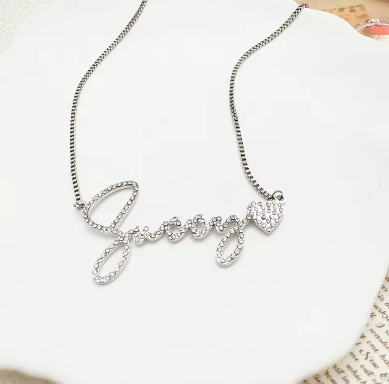 Custom Bling Name Necklace – Dainty Script with Heart