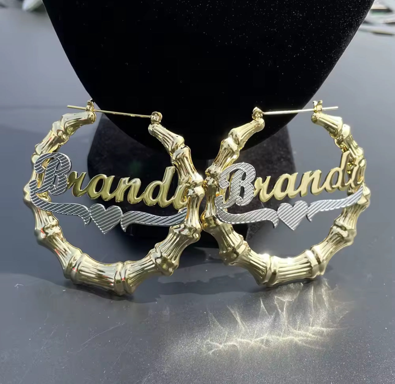 Custom Name Jewelry Set: Bamboo Hoop Earrings & Double Name Necklace