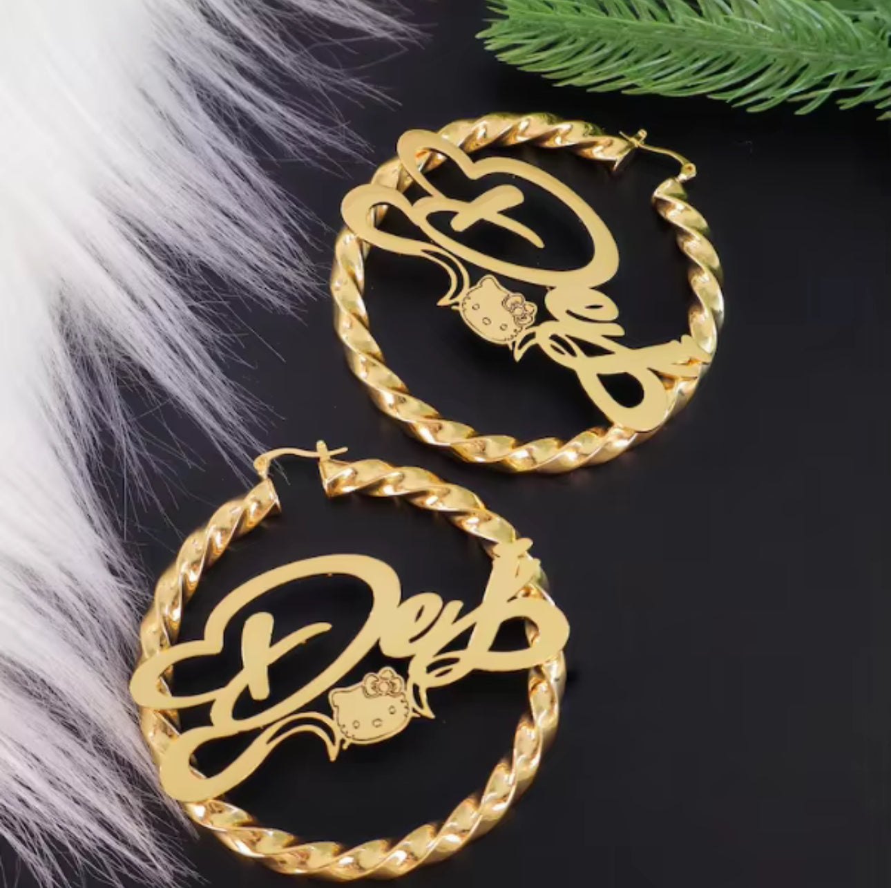 Personalized Hello Kitty Name Earrings — Gold Plated Kawaii Cat Twist Hoops