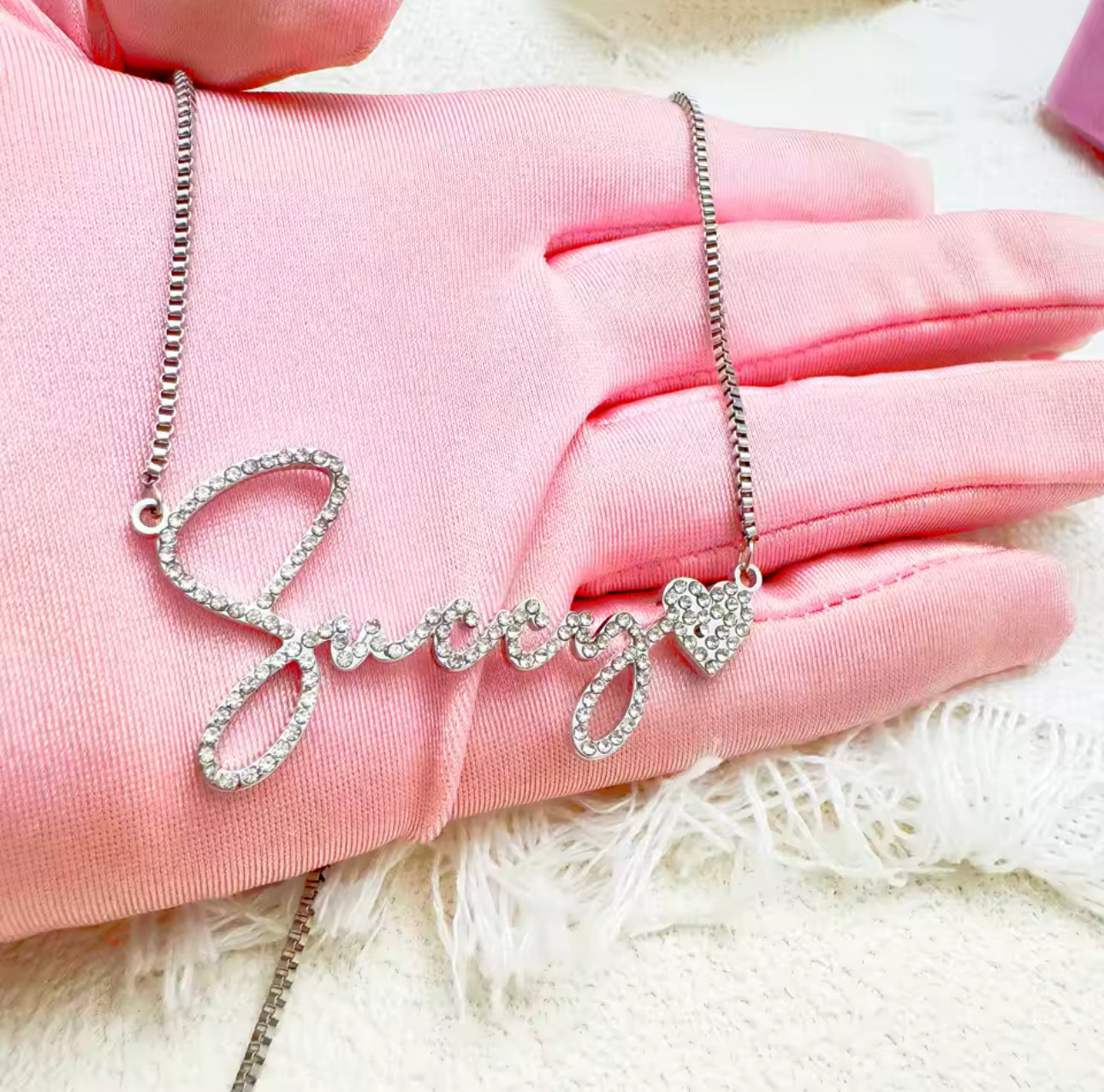 Custom Bling Name Necklace – Dainty Script with Heart