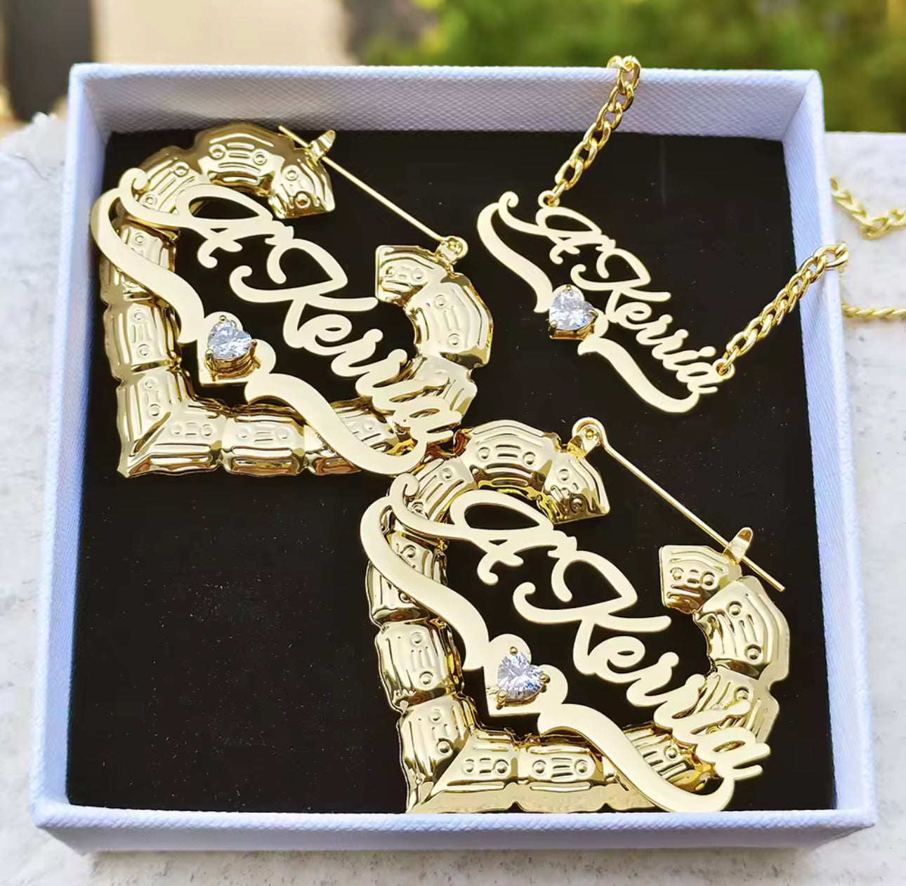 Custom Birthstone Name Necklace Set: Gold Bamboo Heart Earrings