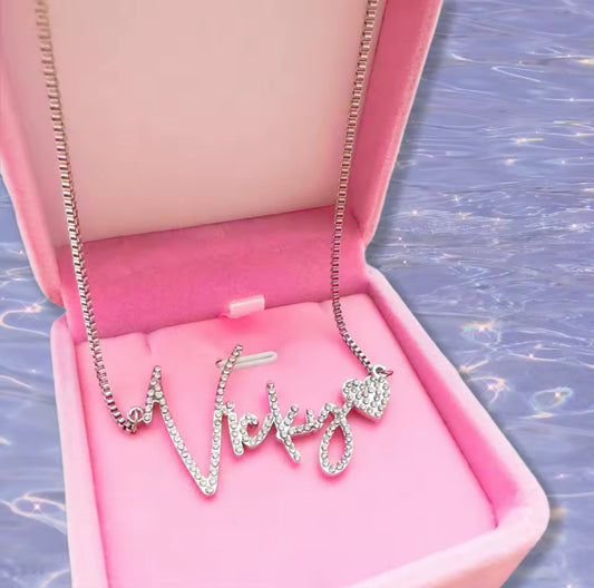 Custom Bling Name Necklace – Dainty Script with Heart