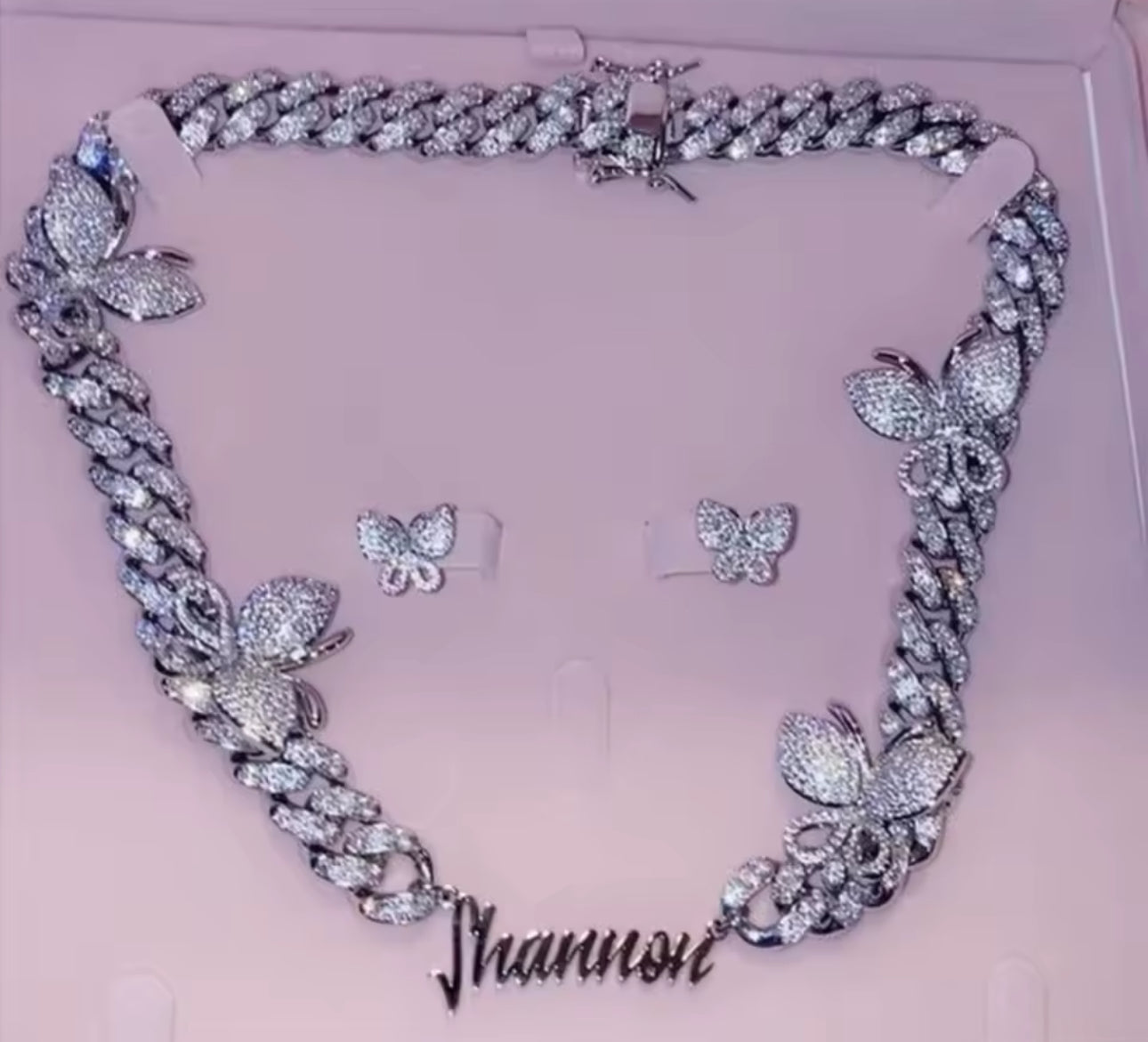 Custom Script Name Necklace: Butterfly Charm, 12mm Cuban Chain