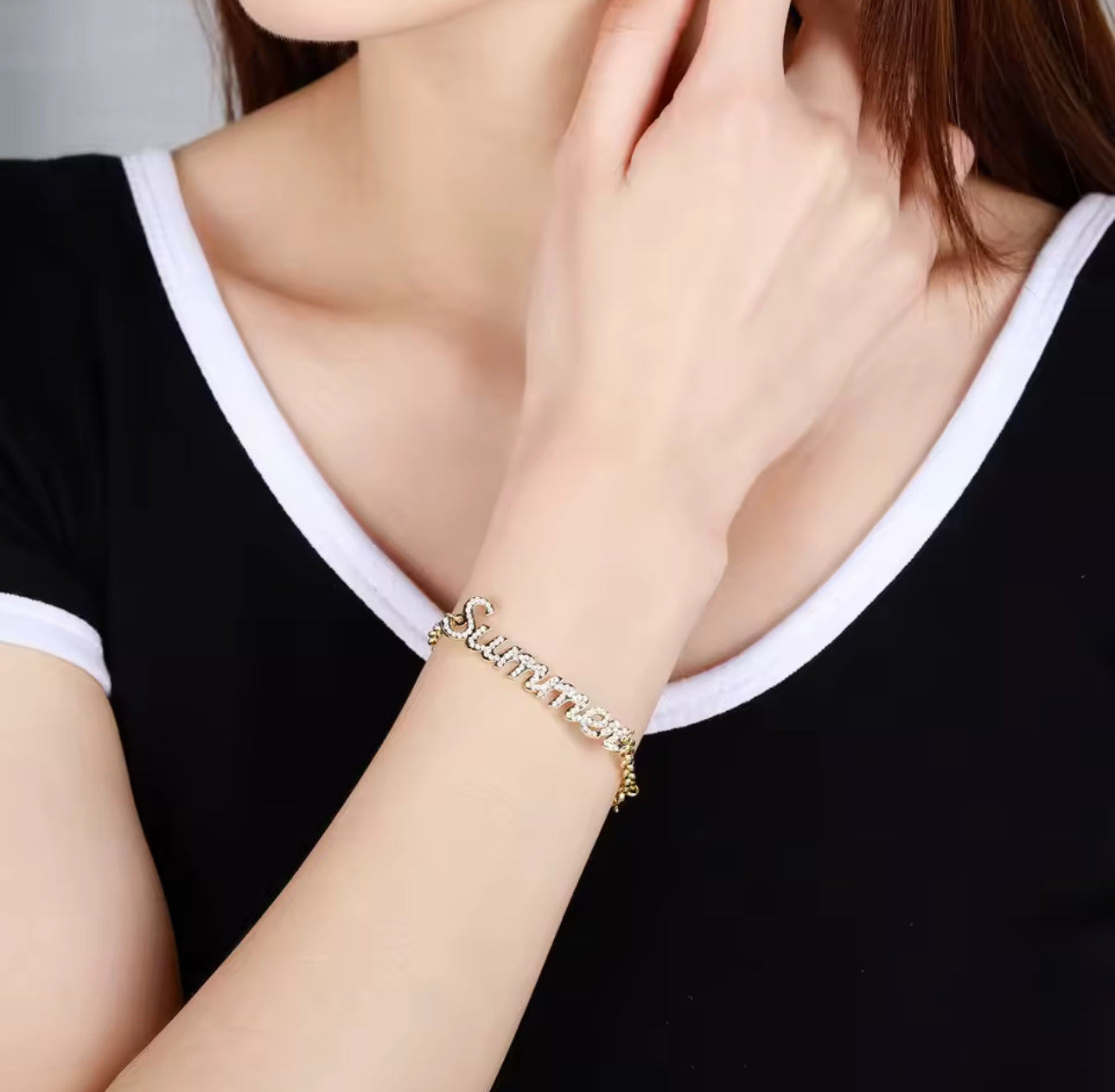 Personalized Bling Name Bracelet – Custom Diamond Letter Bangle, Gold Name Jewelry Gift for Women