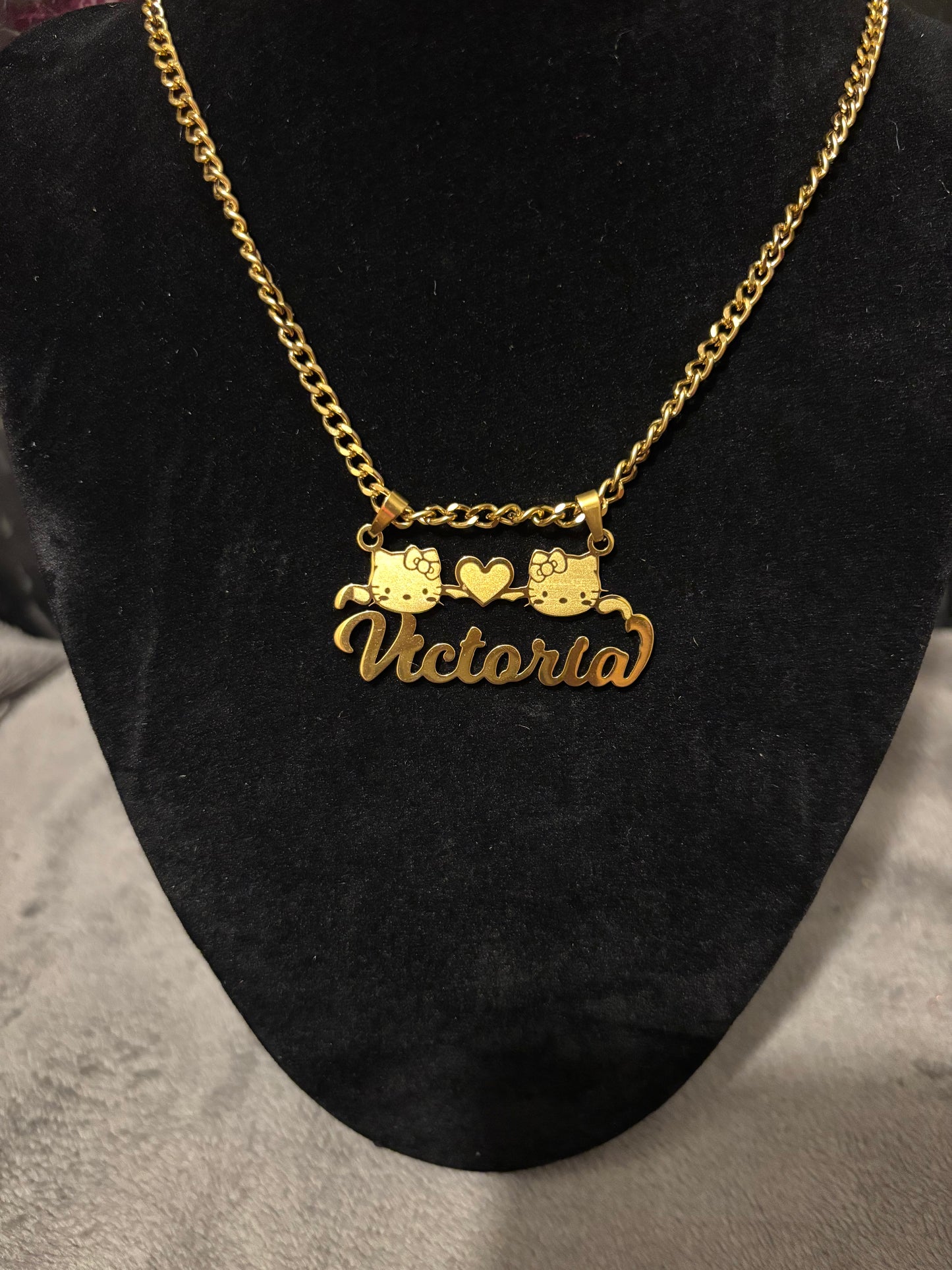 Custom Kawaii Cat Name Necklace, Personalized Hello Kitty Pendant in Gold or Silver
