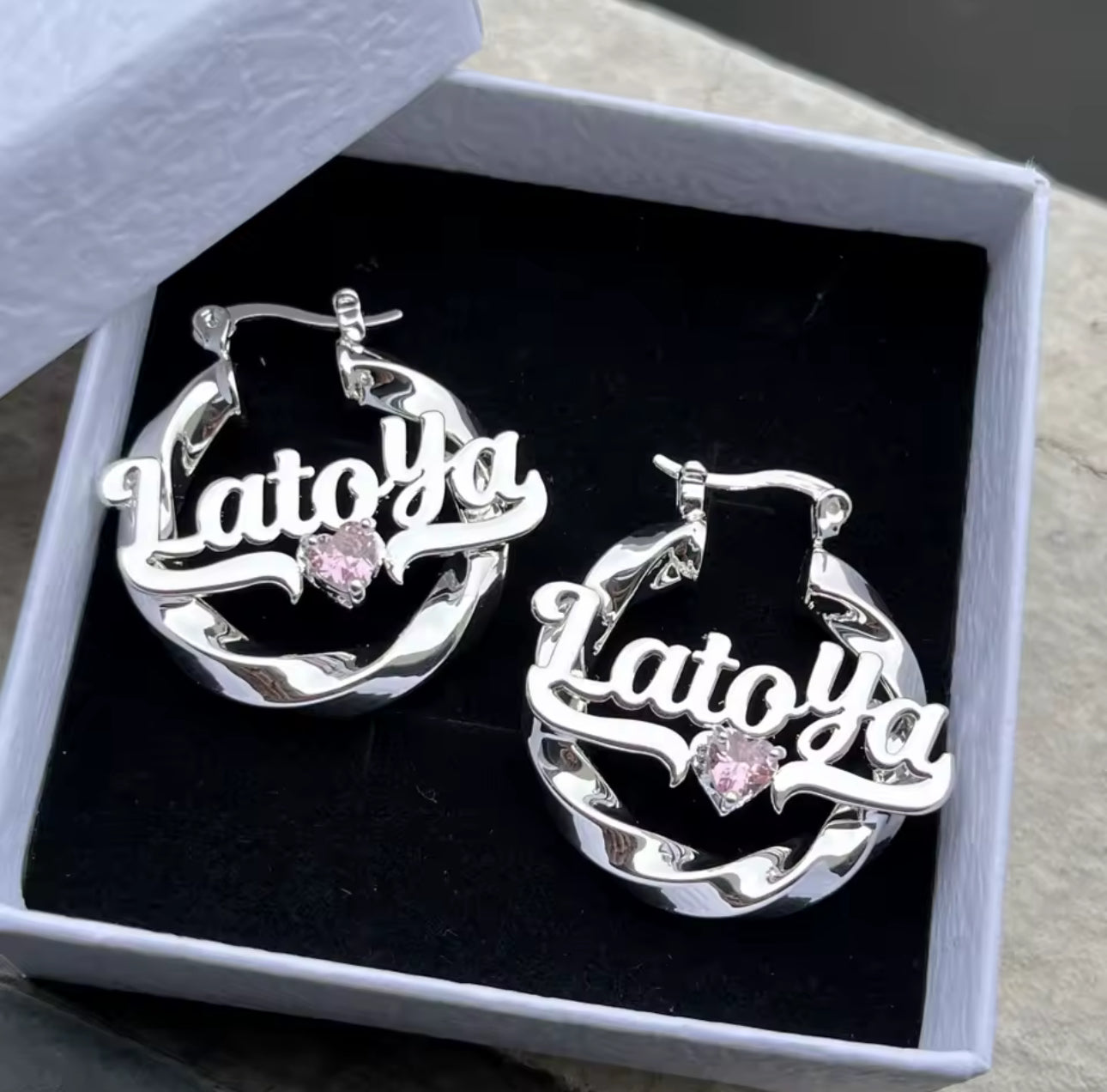 Personalized Name Hoop Earrings: Gold Twist, Birthstone Accent