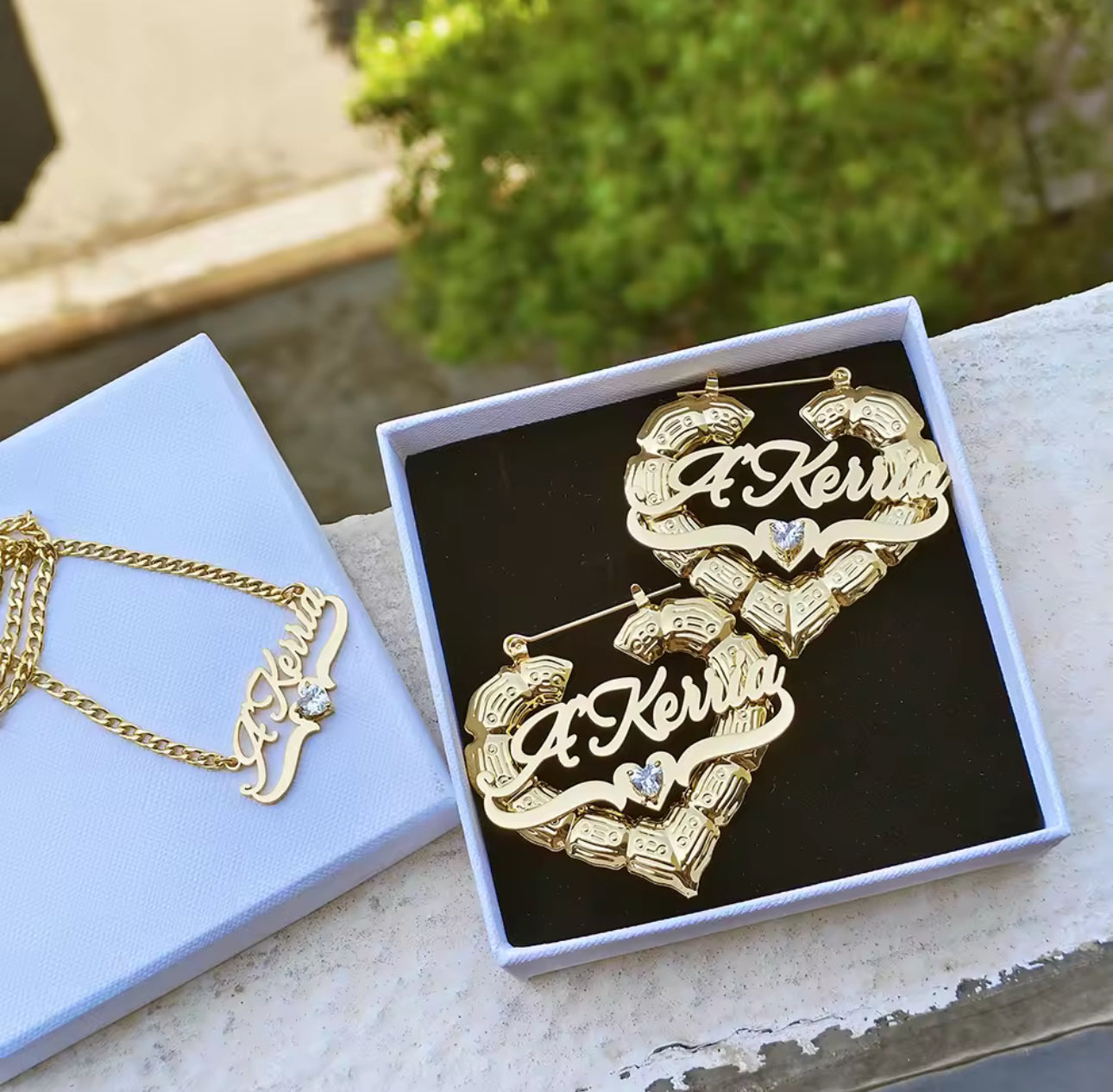 Custom Birthstone Name Necklace Set: Gold Bamboo Heart Earrings