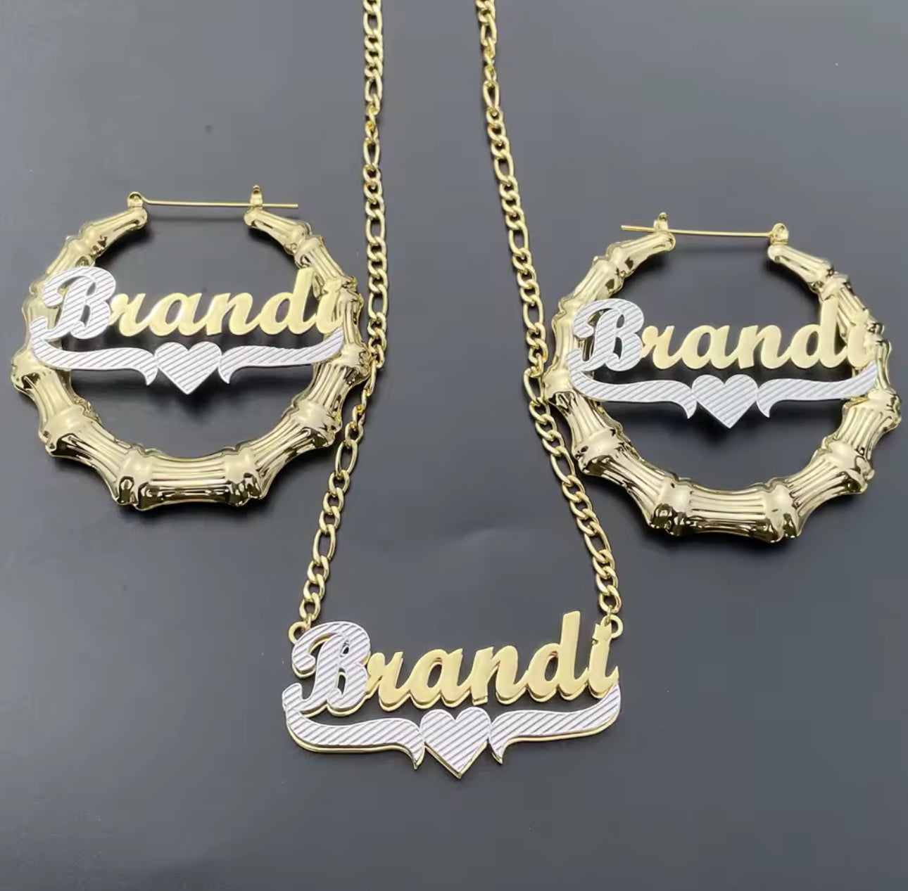 Custom Name Jewelry Set: Bamboo Hoop Earrings & Double Name Necklace