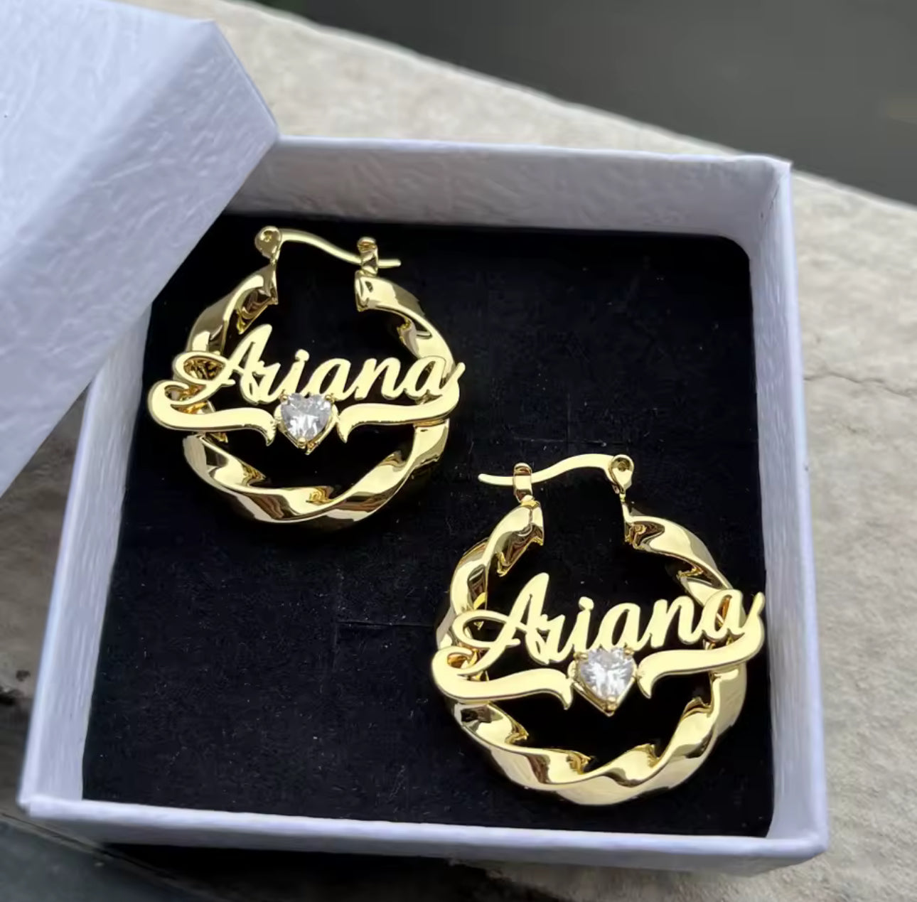 Personalized Name Hoop Earrings: Gold Twist, Birthstone Accent