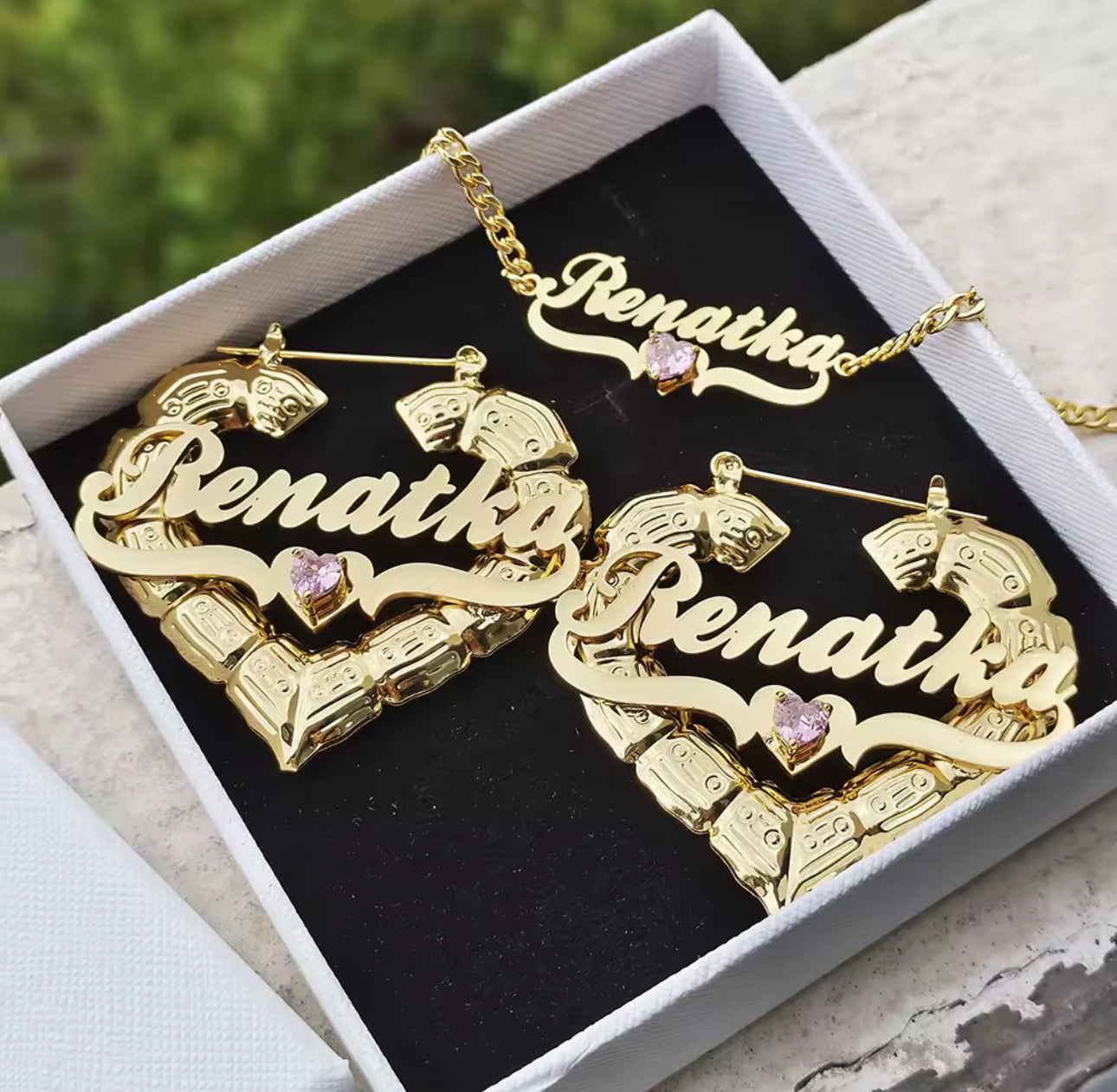 Custom Birthstone Name Necklace Set: Gold Bamboo Heart Earrings