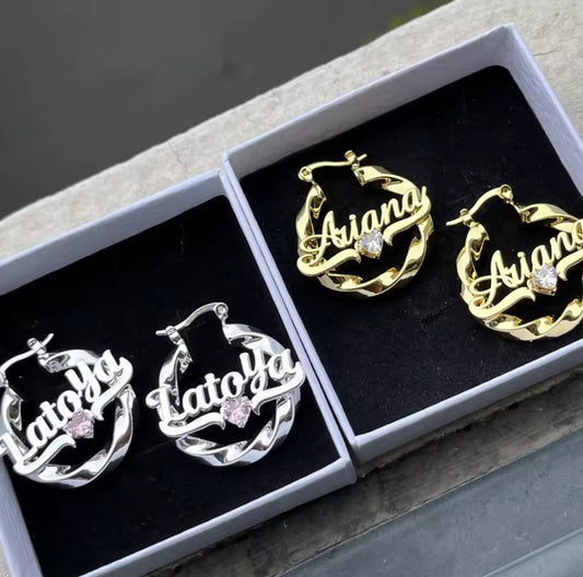 Personalized Name Hoop Earrings: Gold Twist, Birthstone Accent