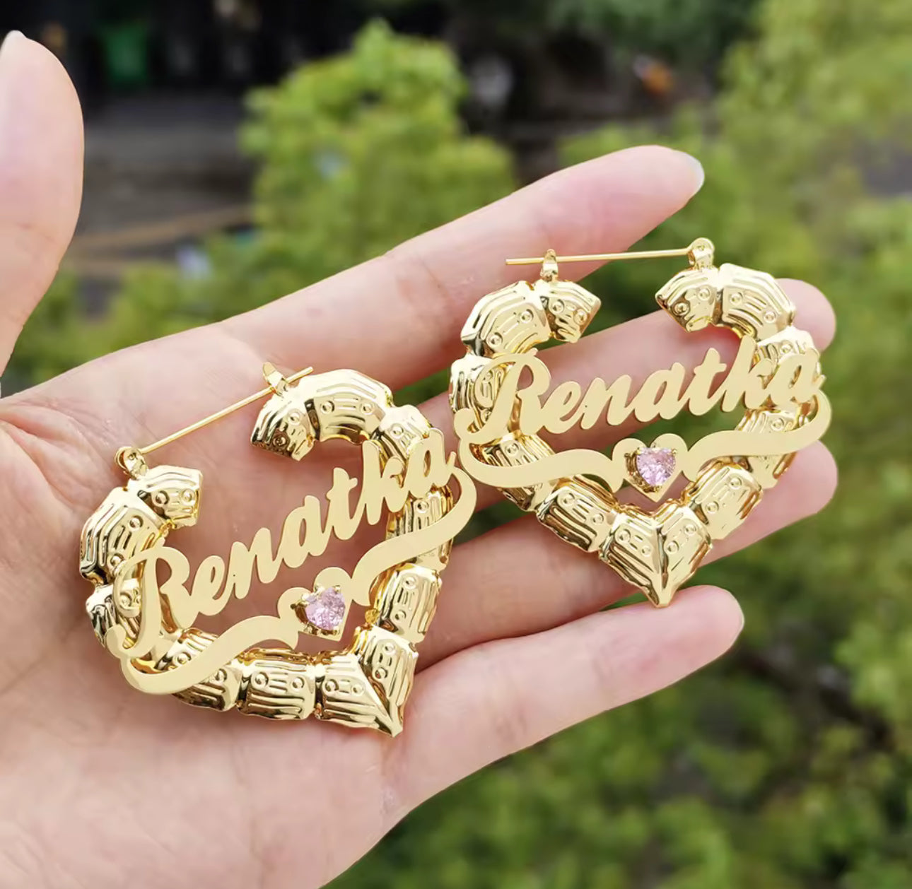 Custom Birthstone Name Necklace Set: Gold Bamboo Heart Earrings