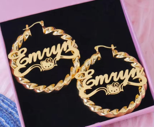 Personalized Hello Kitty Name Earrings — Gold Plated Kawaii Cat Twist Hoops