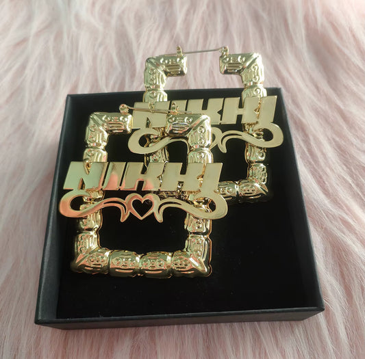 Personalized Bamboo Nameplate Earrings, Rectangle Bamboo Earrings