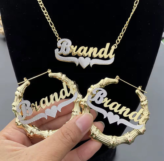 Custom Name Jewelry Set: Bamboo Hoop Earrings & Double Name Necklace