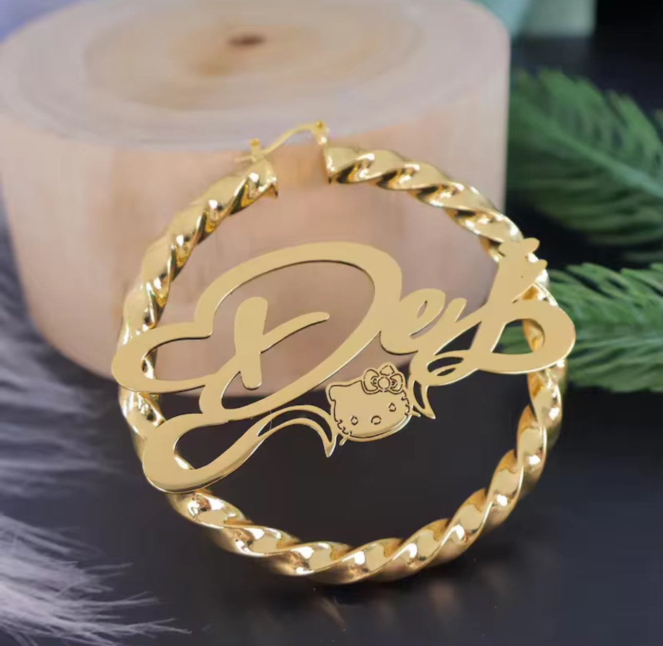 Personalized Hello Kitty Name Earrings — Gold Plated Kawaii Cat Twist Hoops