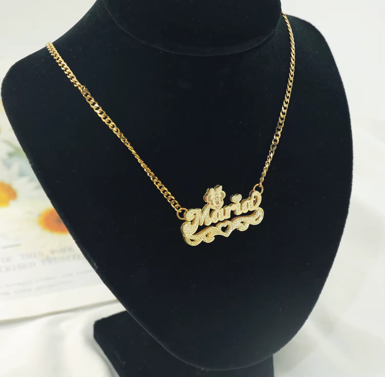 Custom Minnie Mouse Name Necklace for Kids – 18K Gold Plated Double Layer Cartoon Jewelry Gift