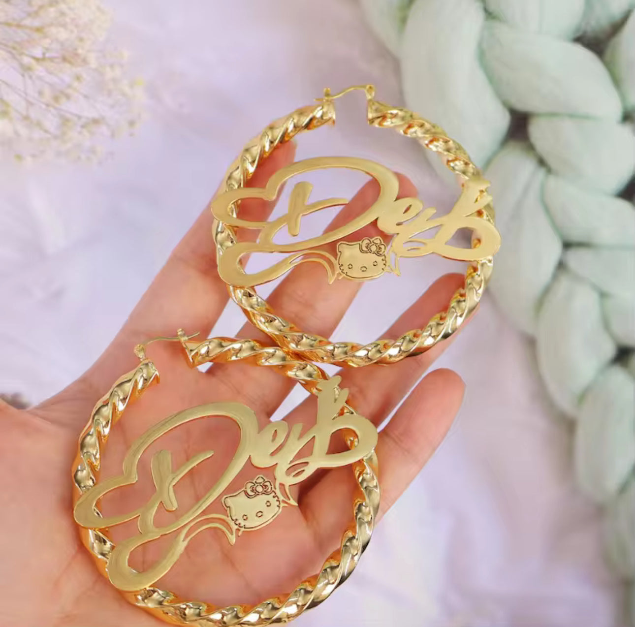 Personalized Hello Kitty Name Earrings — Gold Plated Kawaii Cat Twist Hoops
