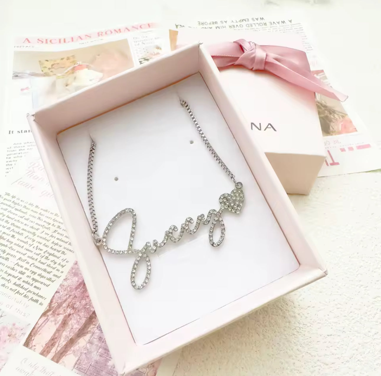 Custom Bling Name Necklace – Dainty Script with Heart