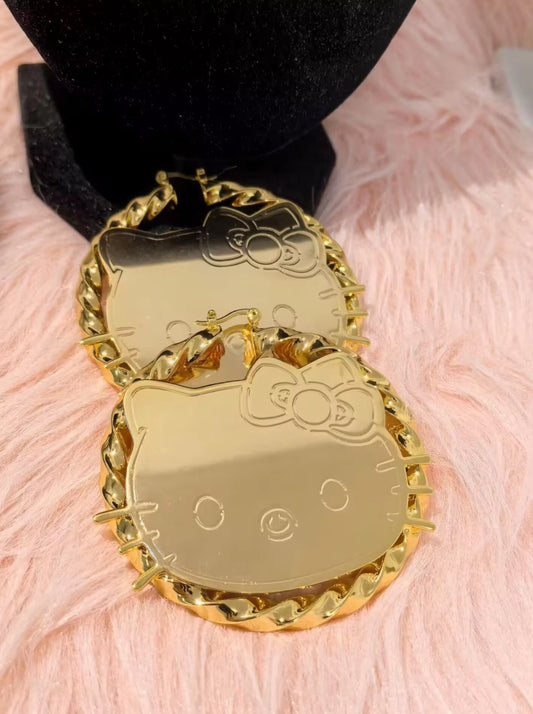 Gold Cartoon Character Twist Hoop Earrings — Kitty & Mouse Design
