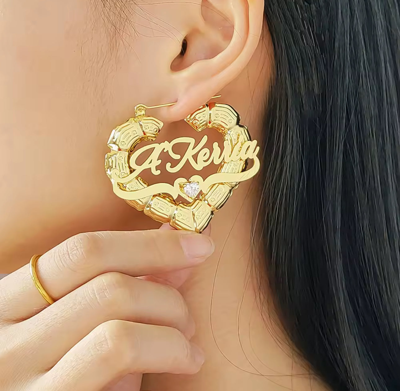 Custom Birthstone Name Necklace Set: Gold Bamboo Heart Earrings