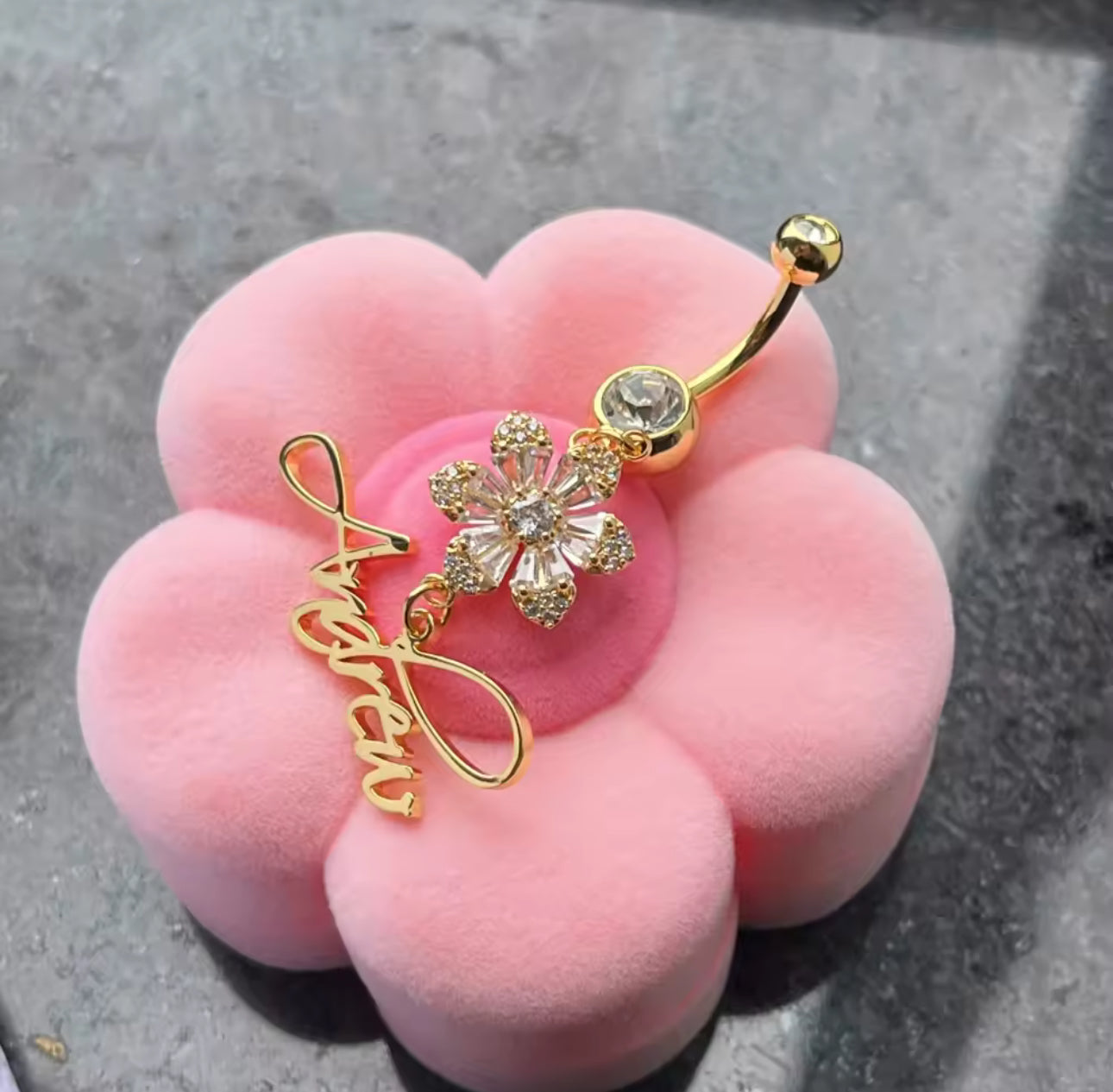 Personalized Name Belly Piercing with Flower Charm
