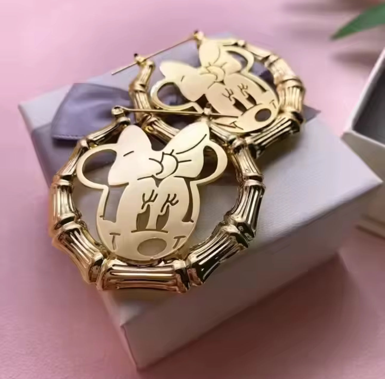 Gold Cartoon Character Twist Hoop Earrings — Kitty & Mouse Design
