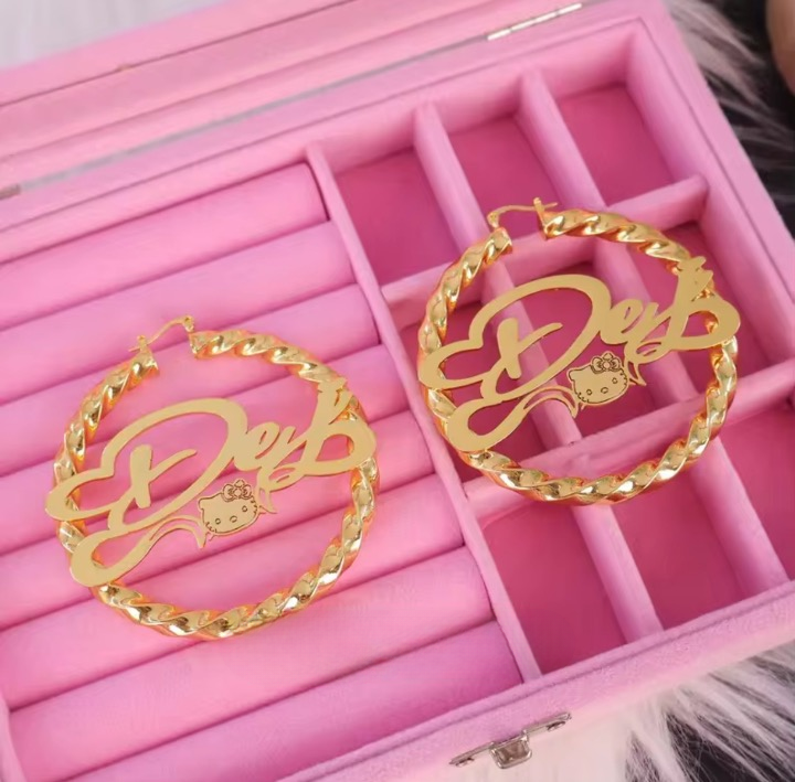 Personalized Hello Kitty Name Earrings — Gold Plated Kawaii Cat Twist Hoops