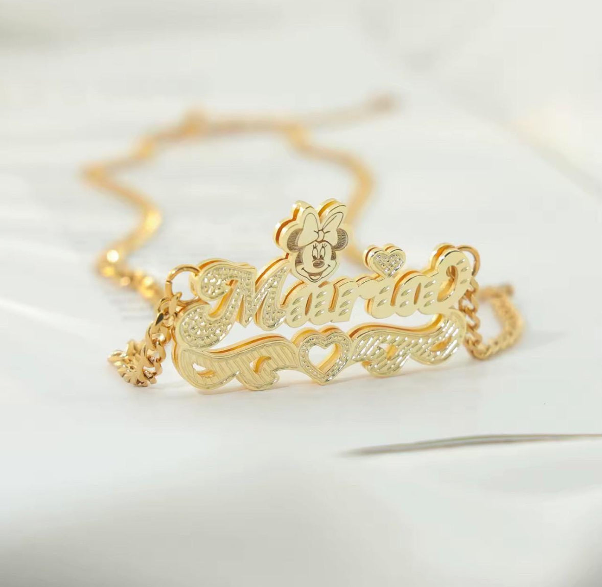 Custom Minnie Mouse Name Necklace for Kids – 18K Gold Plated Double Layer Cartoon Jewelry Gift
