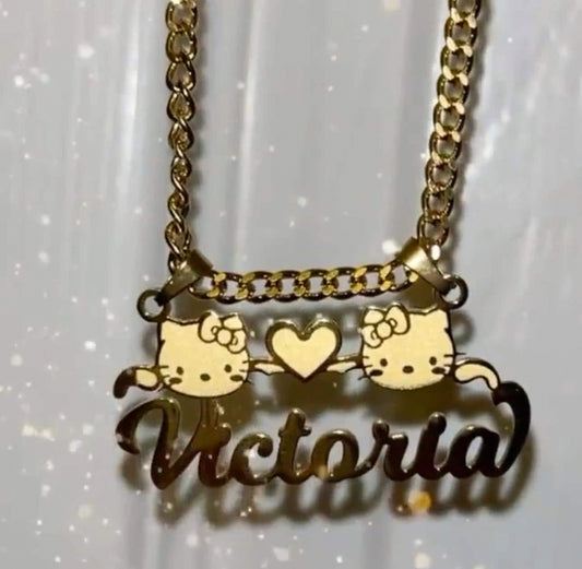 Custom Kawaii Cat Name Necklace, Personalized Hello Kitty Pendant in Gold or Silver